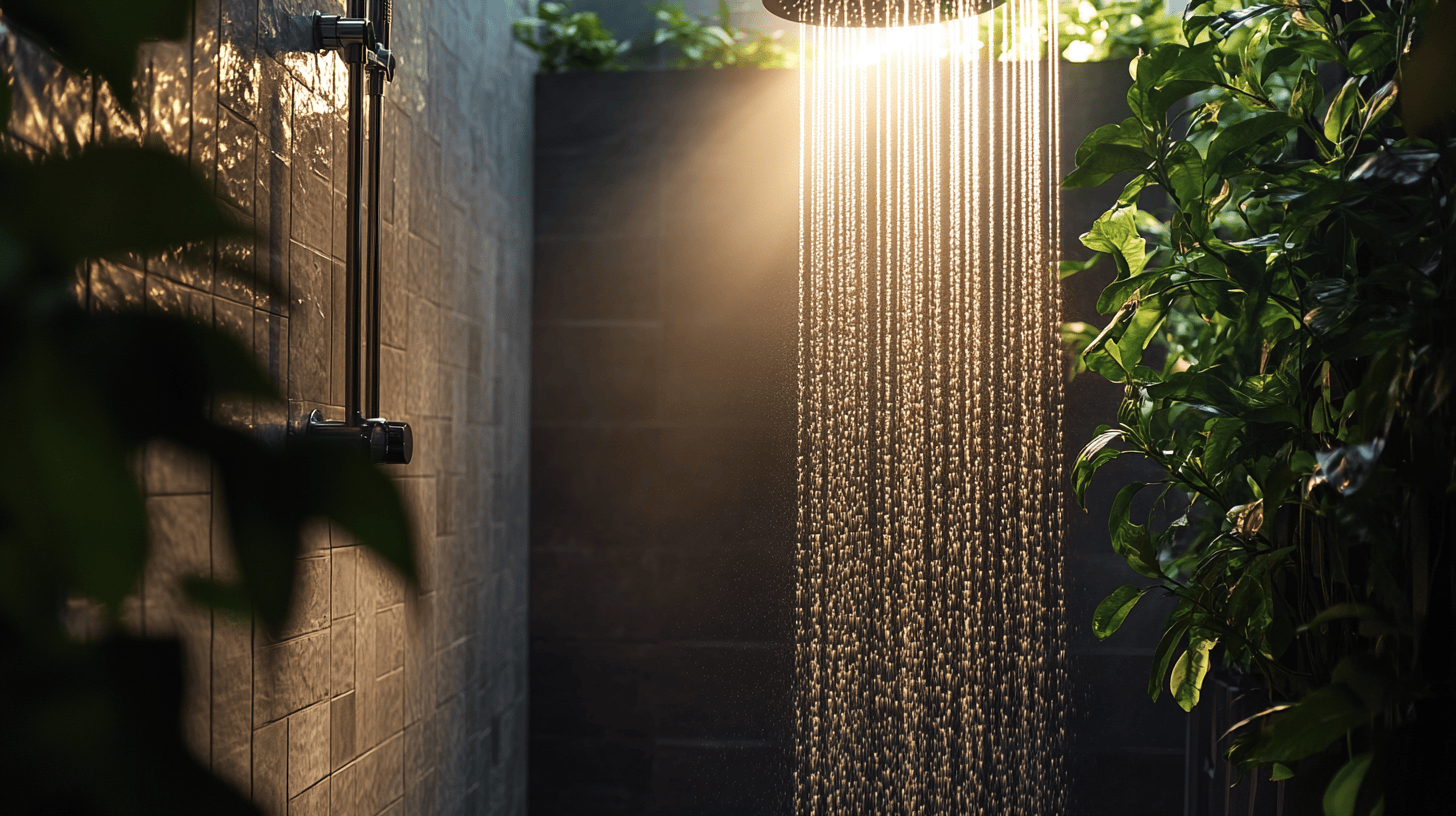 Modern outdoor-style shower with rainfall water stream, surrounded by lush green plants and warm sunlight filtering through.